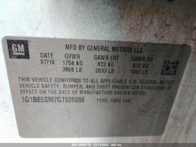2016 Chevrolet Cruze, VIN: 1G1BE5SM7G7326086