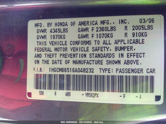 2006 HONDA ACCORD SDN EX-L V6 VIN: 1HGCM66516A048232