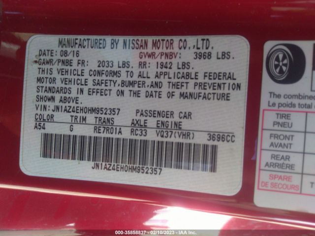 JN1AZ4EH0HM952357 Nissan 370Z