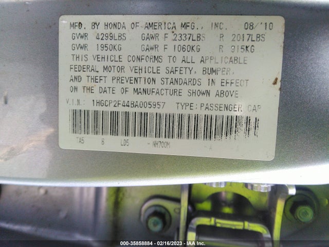 2011 HONDA ACCORD SDN LX-P VIN: 1HGCP2F44BA005957