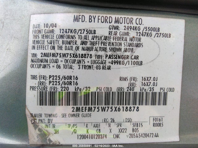 2005 MERCURY GRAND MARQUIS LS PREMIUM VIN: 2MEFM75W75X618878