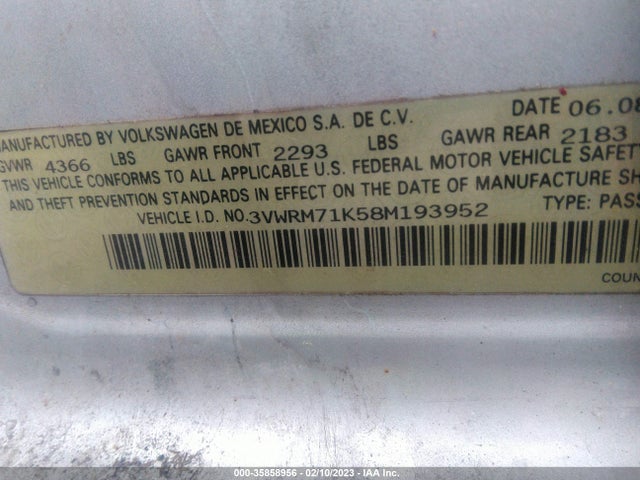 3VWRM71K58M193952 Volkswagen Jetta Sedan Se/sel