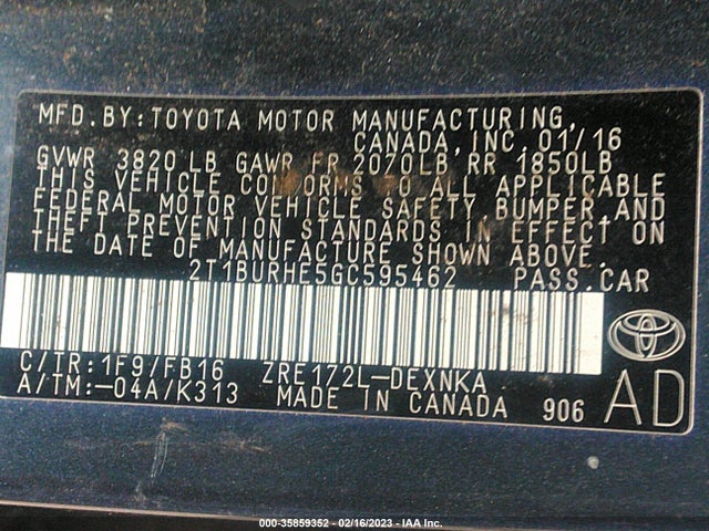 Toyota Corolla L/le/s/s Plus/le Plus 2016 2T1BURHE5GC595462 Image 9