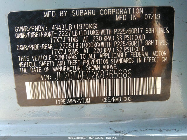 2019 SUBARU CROSSTREK PREMIUM VIN: JF2GTAEC2K8365686