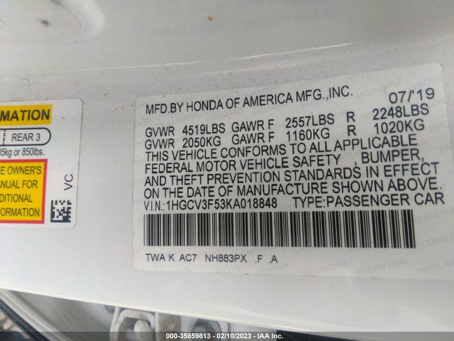 2019 Honda Accord, VIN: 1HGCV3F53KA018848