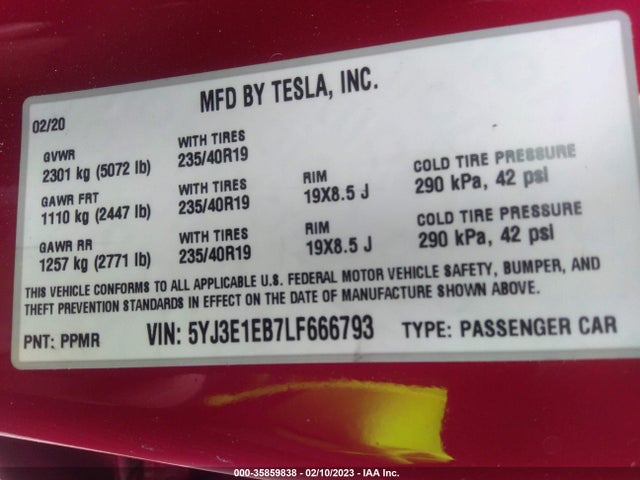 Tesla MODEL 3 2020 5YJ3E1EB7LF666793 Image 10
