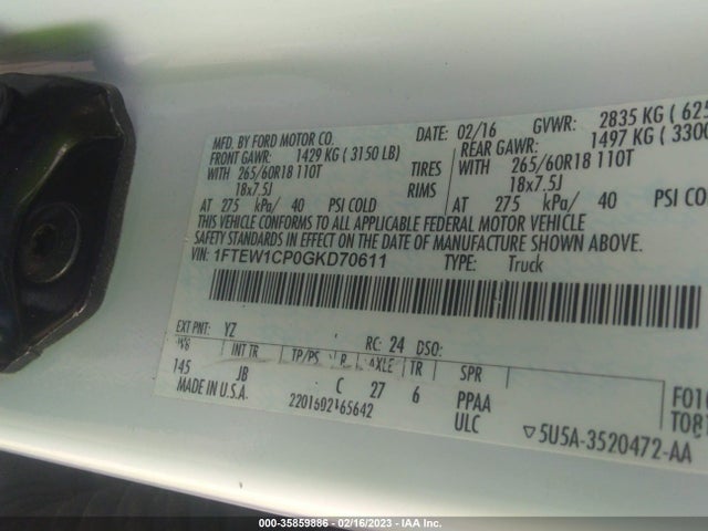 35859886 :رقم المزاد ، 1FTEW1CP0GKD70611 vin ، 2016 Ford F-150 Xl/lariat/xlt مزاد بيع
