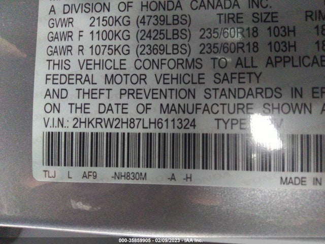 Honda Cr-v Ex-l 2020 2HKRW2H87LH611324 Image 9