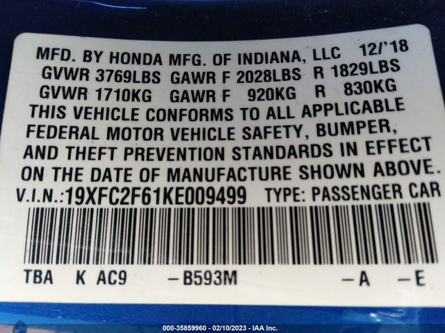 2019 HONDA CIVIC SEDAN LX VIN: 19XFC2F61KE009499