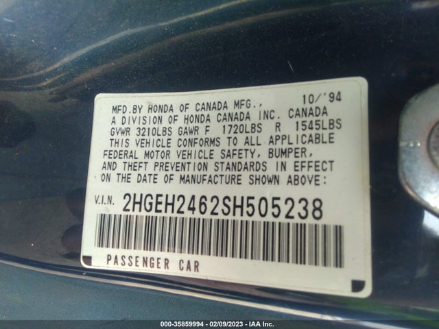 35859994 :رقم المزاد ، 2HGEH2462SH505238 vin ، 1995 Honda Civic Dx مزاد بيع