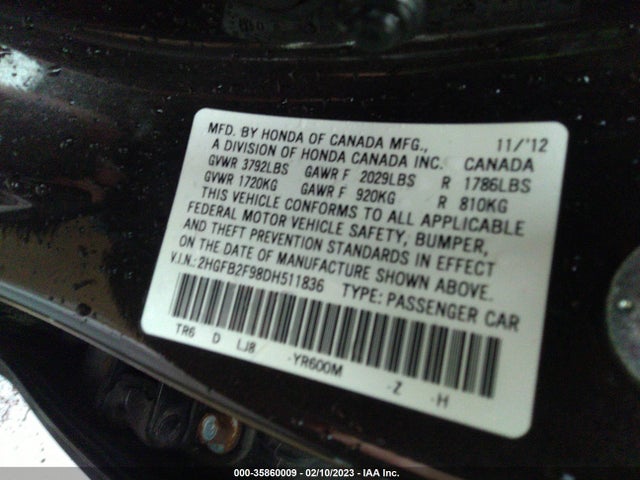 2013 HONDA CIVIC SDN EX-L VIN: 2HGFB2F98DH511836