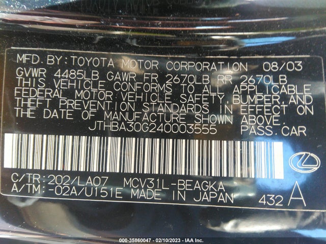 JTHBA30G240003555 Lexus ES 330