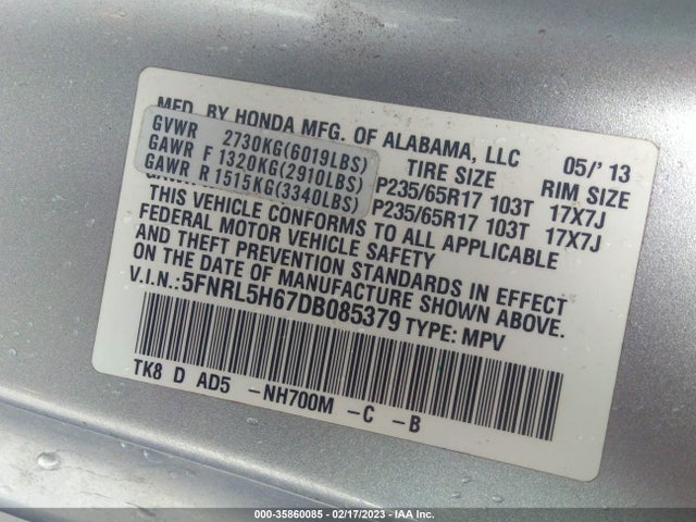 2013 HONDA ODYSSEY EX-L VIN: 5FNRL5H67DB085379