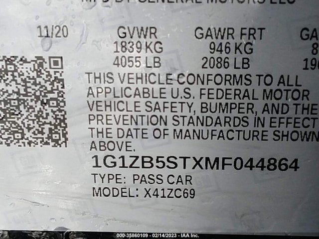 2021 CHEVROLET MALIBU LS VIN: 1G1ZB5STXMF044864