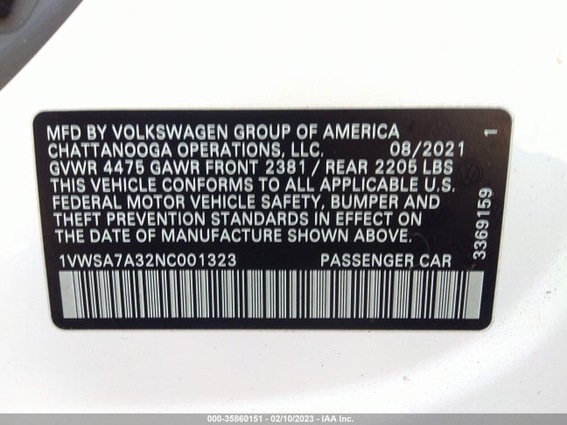 2022 Volkswagen Passat, VIN: 1VWSA7A32NC001323
