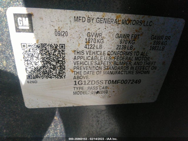 2021 CHEVROLET MALIBU LT VIN: 1G1ZD5ST0MF007249