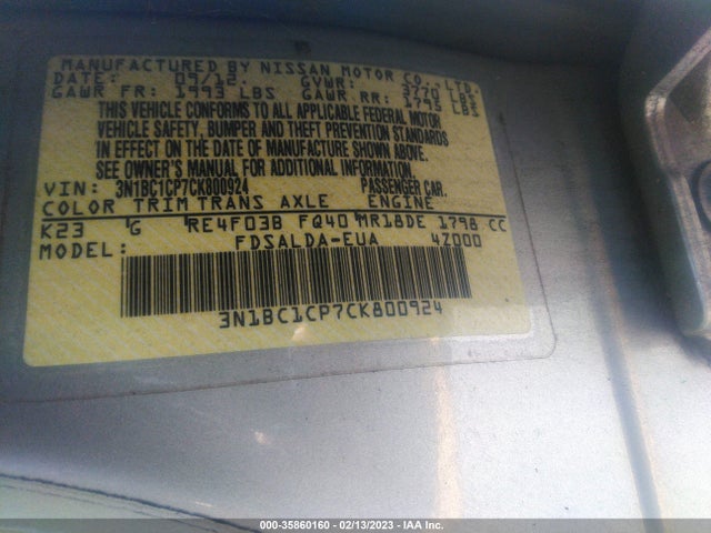 2012 NISSAN VERSA S VIN: 3N1BC1CP7CK800924
