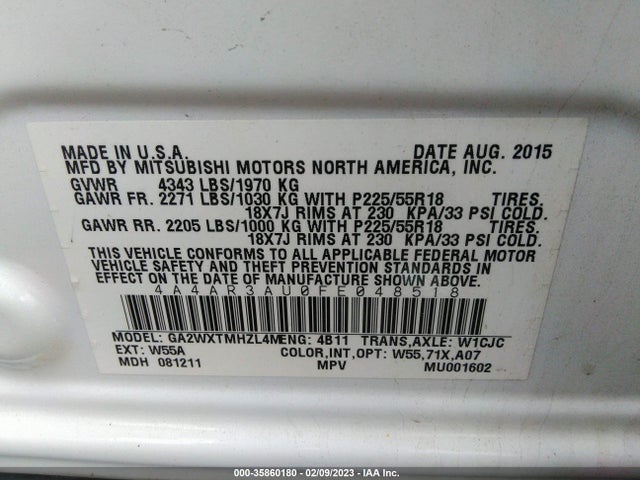 2015 Mitsubishi Outlander, VIN: 4A4AR3AU0FE048518