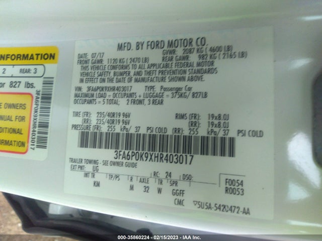 2017 Ford Fusion, VIN: 3FA6P0K9XHR403017