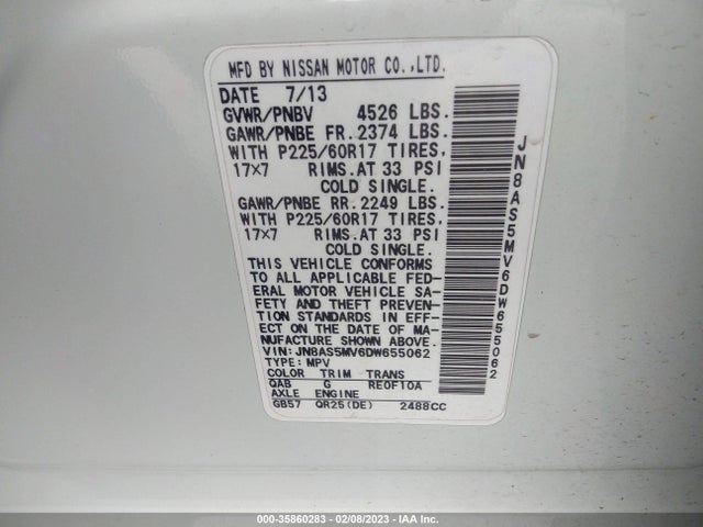 2013 NISSAN ROGUE SV VIN: JN8AS5MV6DW655062
