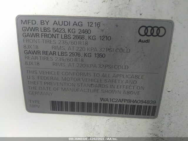2017 Audi Q5, VIN: WA1C2AFP8HA094839
