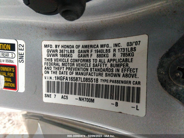 2007 HONDA CIVIC SDN LX VIN: 1HGFA16587L085518