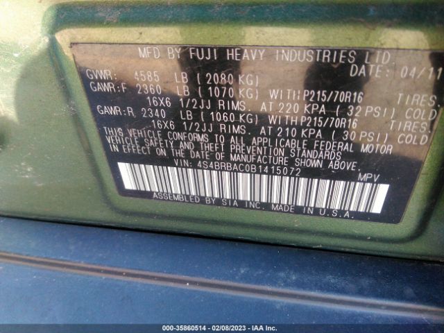 4S4BRBAC0B1415072 Subaru Outback 2.5i