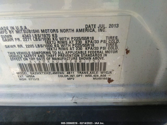 4A4AR4AU1EE001759 Mitsubishi OUTLANDER SPORT