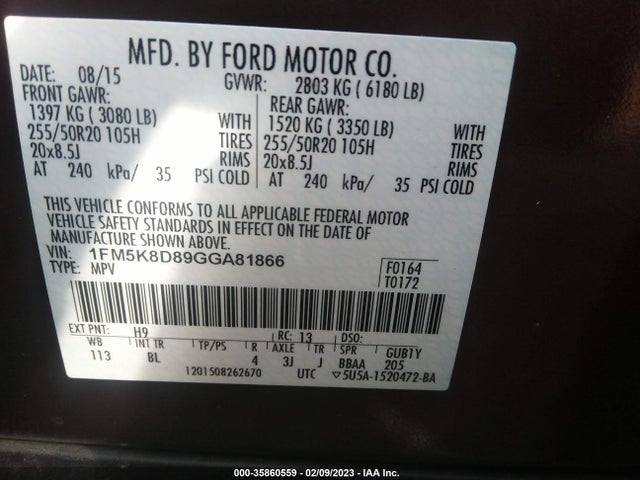 2016 FORD EXPLORER XLT VIN: 1FM5K8D89GGA81866