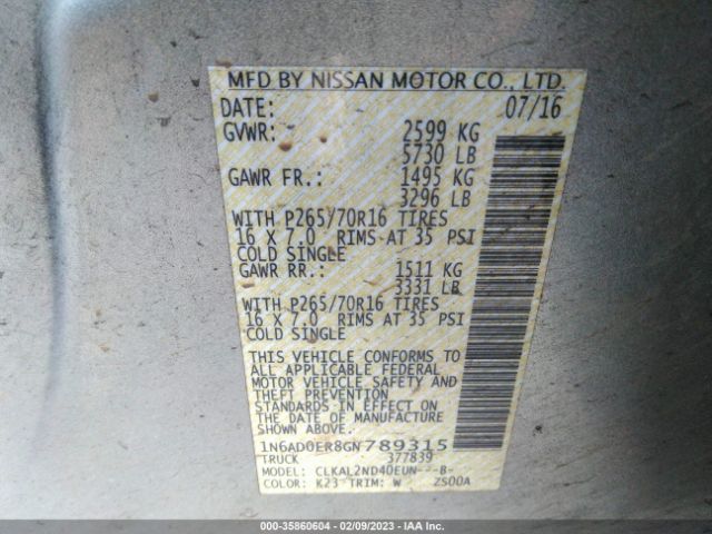 1N6AD0ER8GN789315 Nissan Frontier S/sv/desert Runner/sl