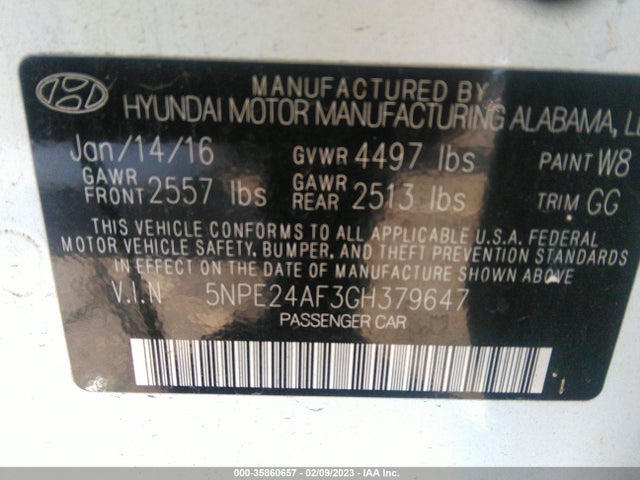 5NPE24AF3GH379647 Hyundai SONATA SE