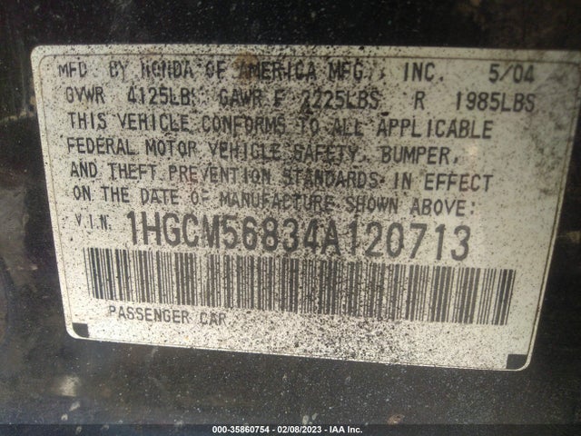 2004 HONDA ACCORD SDN EX VIN: 1HGCM56834A120713
