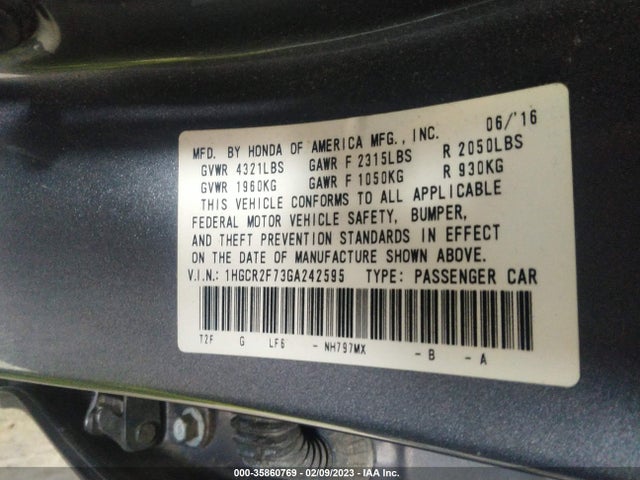 2016 HONDA ACCORD SEDAN EX VIN: 1HGCR2F73GA242595