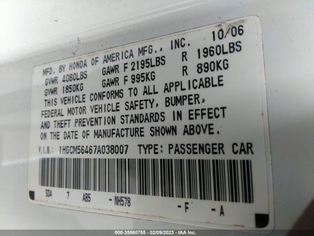 2007 HONDA ACCORD SDN LX VIN: 1HGCM56467A038007