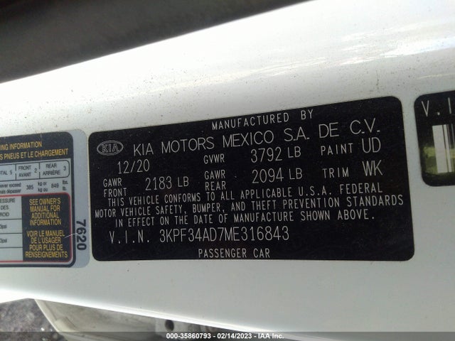 2021 KIA FORTE GT LINE VIN: 3KPF34AD7ME316843