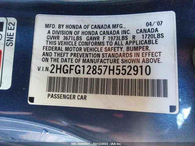 2007 HONDA CIVIC CPE EX VIN: 2HGFG12857H552910