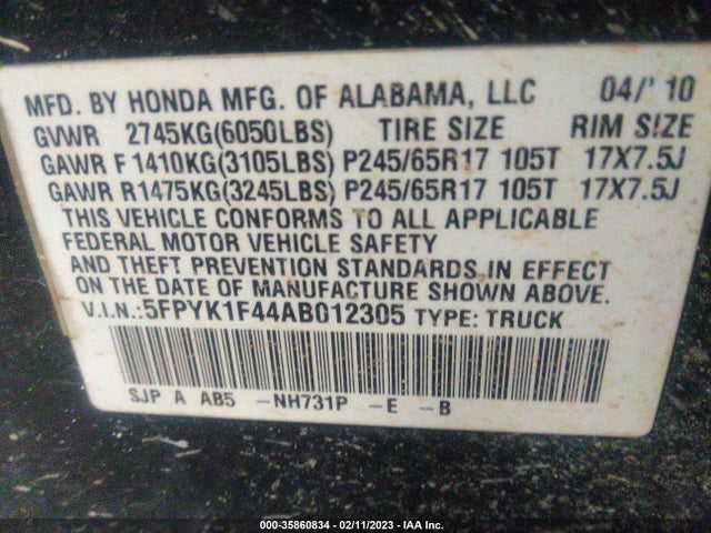 2010 HONDA RIDGELINE RTS VIN: 5FPYK1F44AB012305