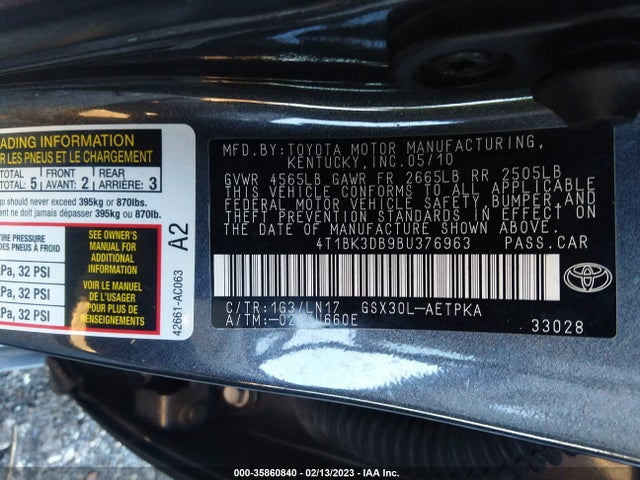 Toyota Avalon 2011 4T1BK3DB9BU376963 Image 9