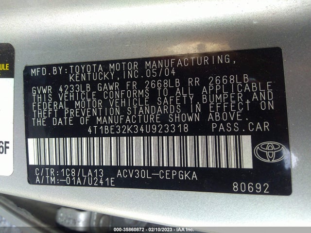 2004 TOYOTA CAMRY LE/SE/XLE/STD VIN: 4T1BE32K34U923318