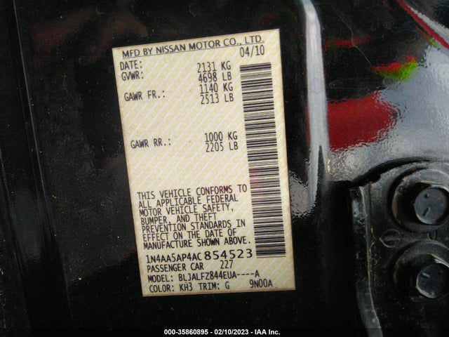 2010 NISSAN MAXIMA 3.5 SV VIN: 1N4AA5AP4AC854523