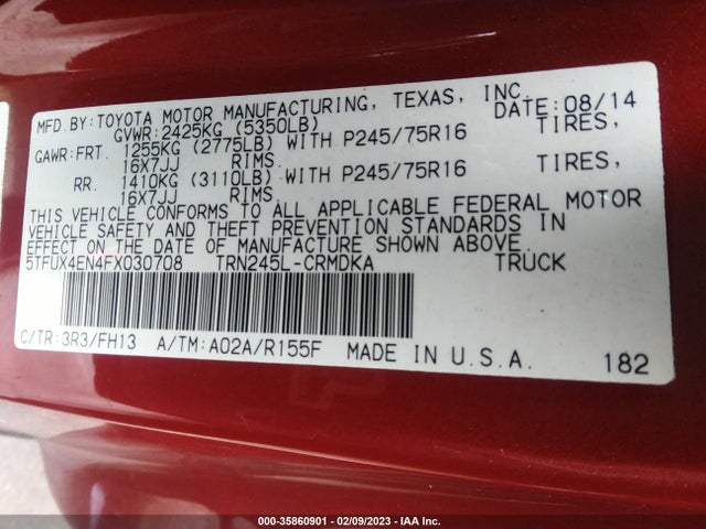 2015 TOYOTA TACOMA VIN: 5TFUX4EN4FX030708