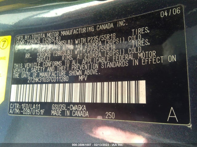 2T2HK31U37C011280 Lexus RX 350