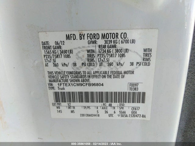 2012 FORD F-150 XL/STX/XLT VIN: 1FTEX1CM9CFB96804