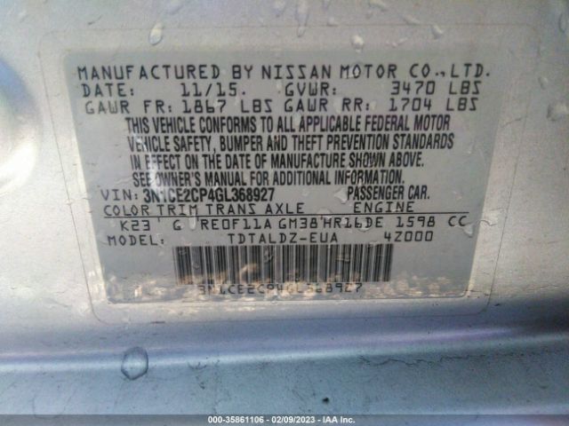 3N1CE2CP4GL368927 Nissan Versa Note S/s Plus/sv/sr/sl
