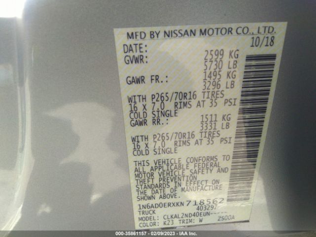 1N6AD0ERXKN718562 Nissan Frontier Sv