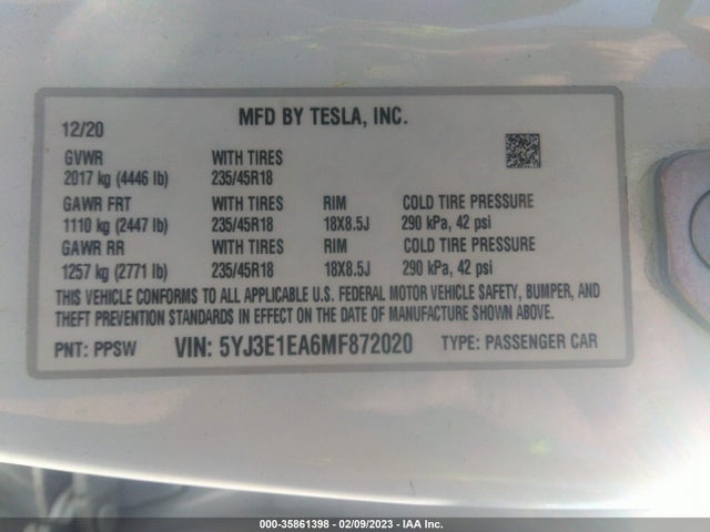 Tesla Model 3 Standard Range Plus 2021 5YJ3E1EA6MF872020 Image 10