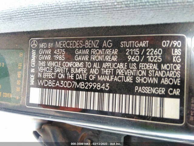 1991 MERCEDES-BENZ 300 E VIN: WDBEA30D7MB299843