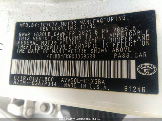 2012 TOYOTA CAMRY HYBRID XLE/LE VIN: 4T1BD1FK6CU059588