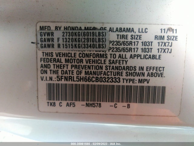 2012 HONDA ODYSSEY EX-L VIN: 5FNRL5H66CB032333