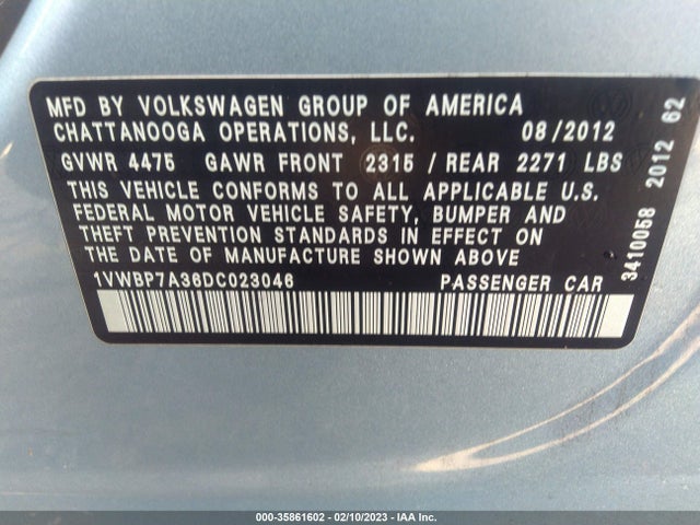 2013 VOLKSWAGEN PASSAT SE W/SUNROOF VIN: 1VWBP7A36DC023046